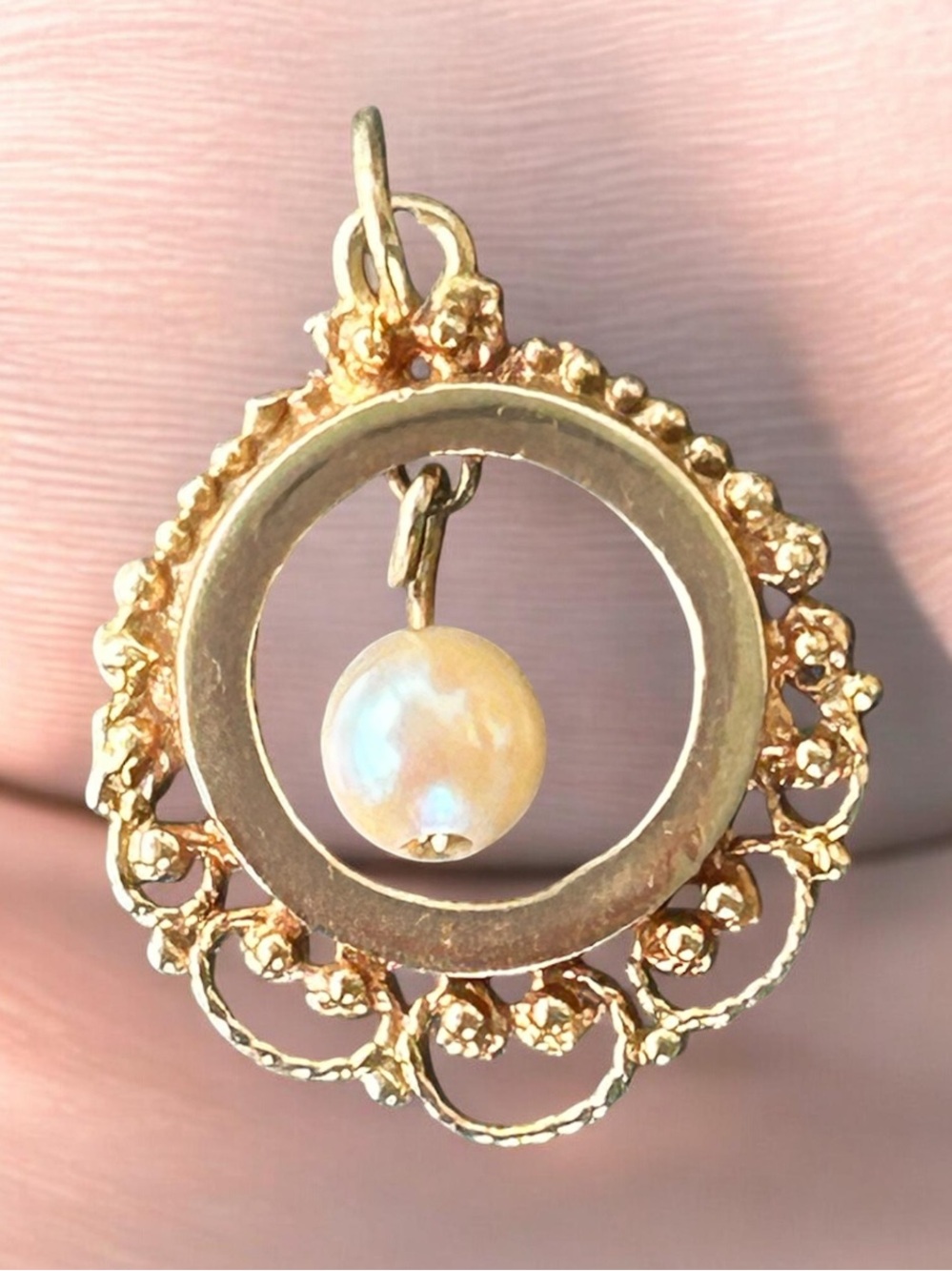 Antique Circa 1890-1915 14k gold Stamped Open Frame Natural Pearl Pendant